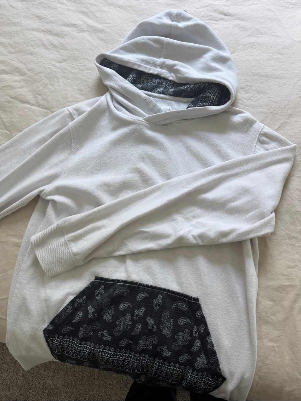 on the byas White Hooded Crewneck Sweater with Black Patterned Pocket